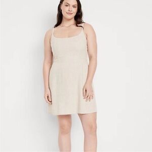 Old Navy 2X Linen Blend Cami Mini Dress Strappy Fit & Flare Beige Neutral Pocket